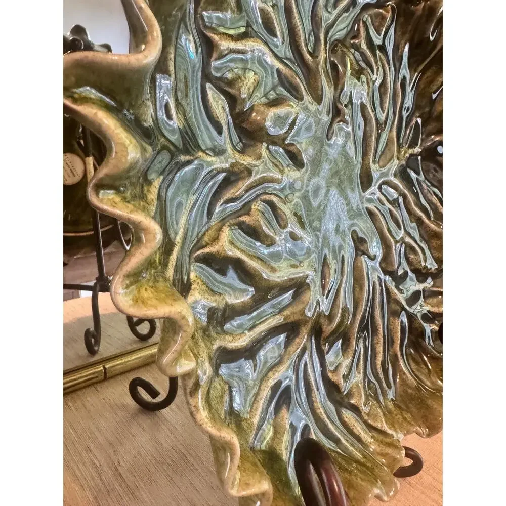 Vintage 1990s Pottery Barn Green Majolica Cabbageware Plate (15